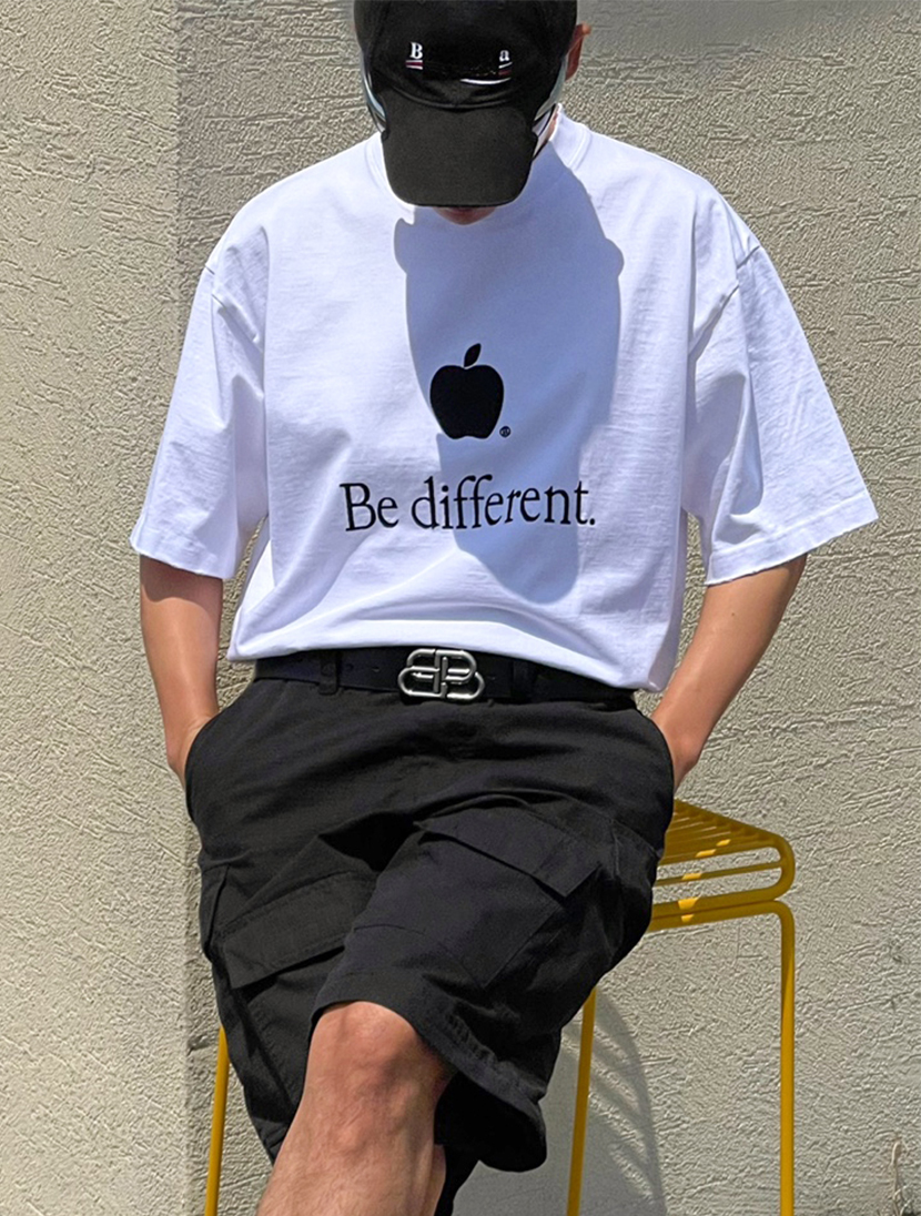 애플 자수 빈티지 티셔츠 ( WHITE )