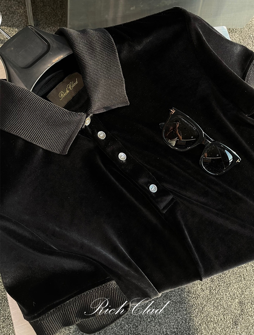 [Rich Clad] 리퀴드 벨루어 카라 티셔츠 ( BLACK ) ( Japan Import Fabric ) [ 재입고 ]