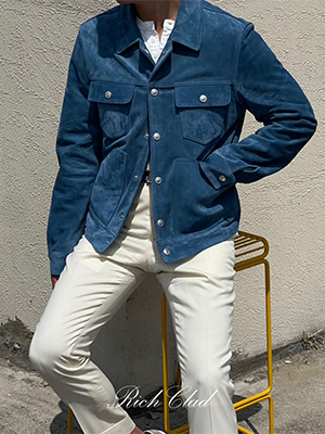 [Rich Clad] 베이비 카프 캐시미어 스웨이드 트러커 자켓 ( BLUE ) ( Italy Import Leather )